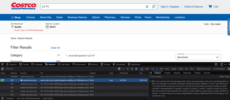 Screenshot of Costco API